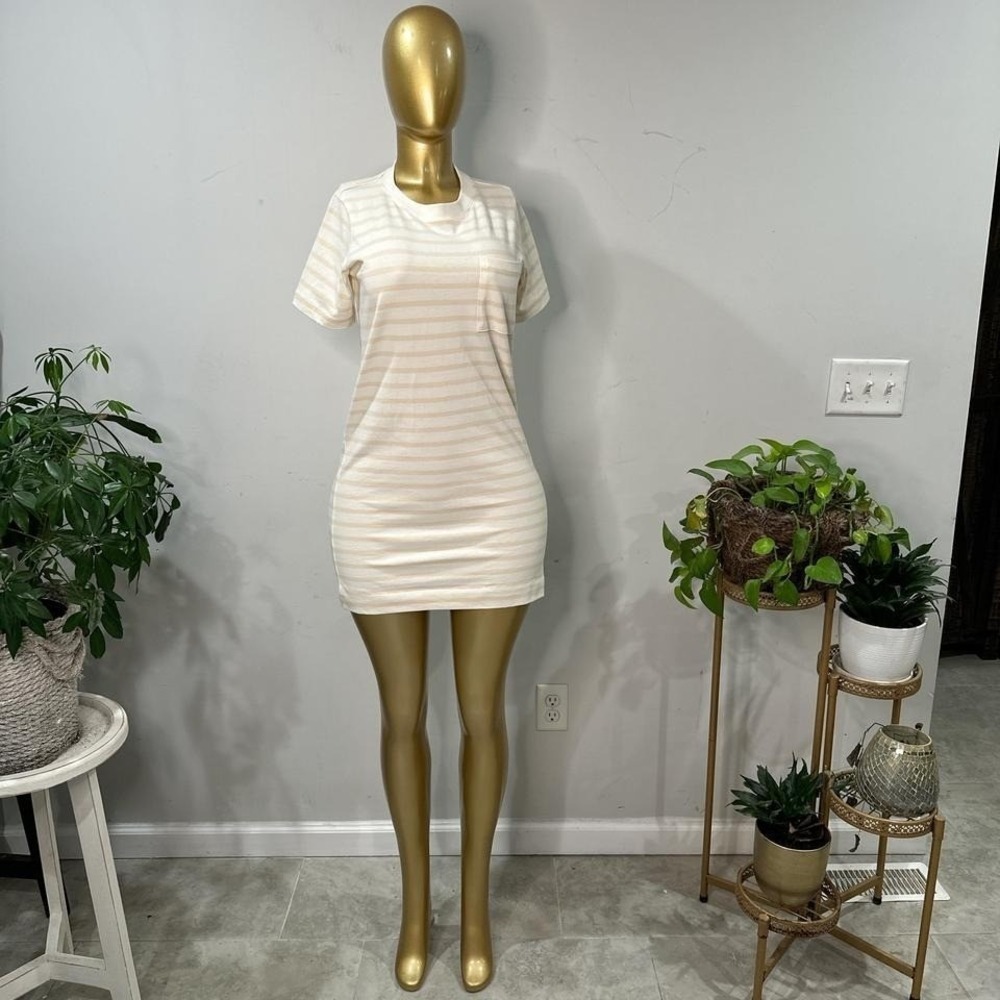 Everlane Organic Cotton Weekend Tee Dress tan and white stripe pattern. NWT XXS